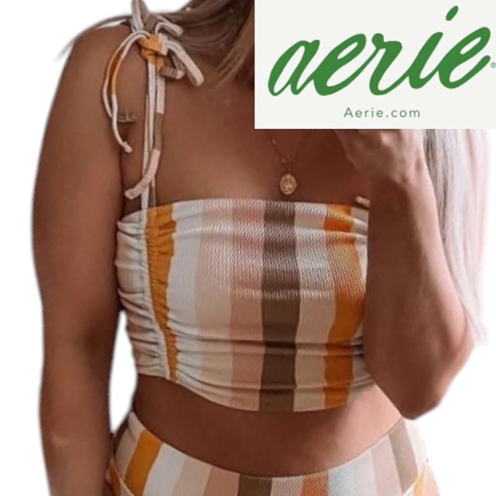 Aerie Striped Ribbed Bikini Top Medium Yellow Pink NWOT